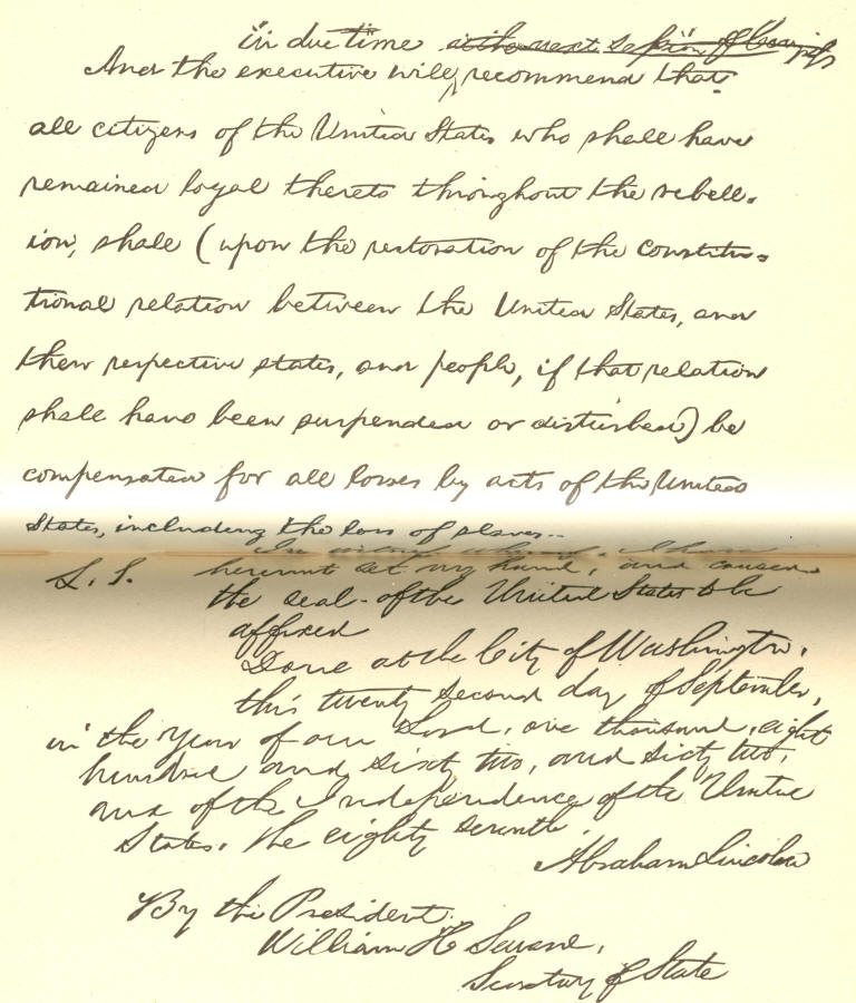 Facsimile of a portion of President Lincoln's draft of the Preliminary Proclamation of Emancipation, September. 1862 