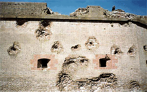 Close-up photo of Fort Pulaski's damaged wall. 